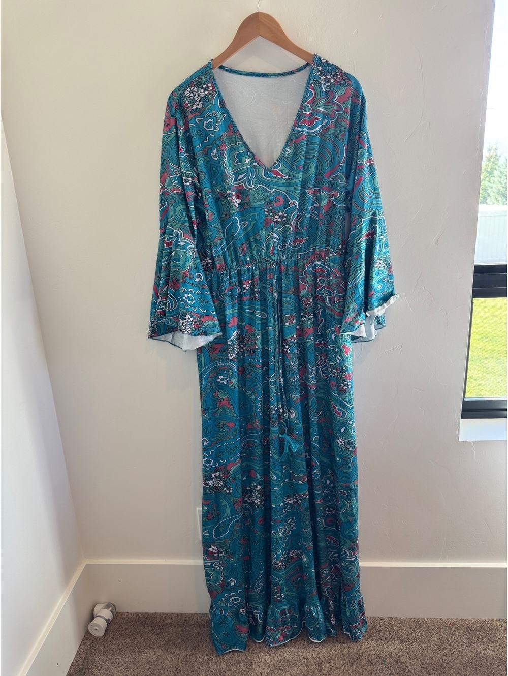 Women’s 2X Teal Paisley Boho Maxi Dress Bell Sleeve NWT Plus Size